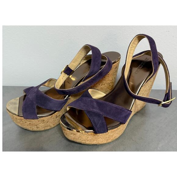 Jimmy Choo Shoes - Jimmy Choo Purple Wedge Suede Upper Heels for Women Size 38.5 Us 8 gold accents